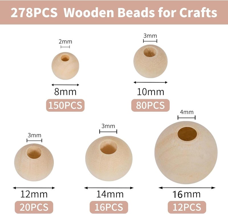 Secmity 280pcs Wooden Beads for Crafts 5 Sizes Unfinished Wood Bead Bulk 8mm, 10mm, 12mm, 14mm, 16mm Beads for Craft Making Decorations DIY Jewelry Making, Macrame, Bracelets - Image 2